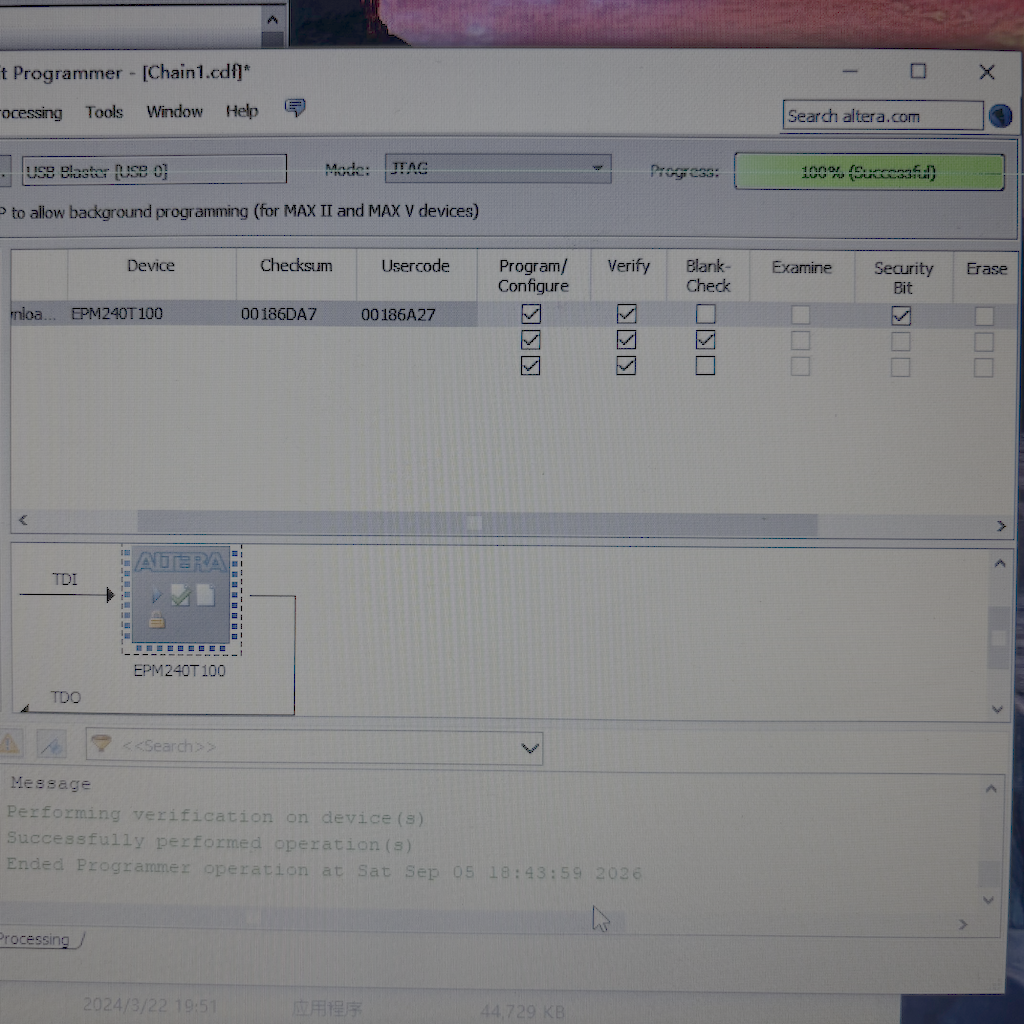 Quartus Programmer 烧录并校验成功